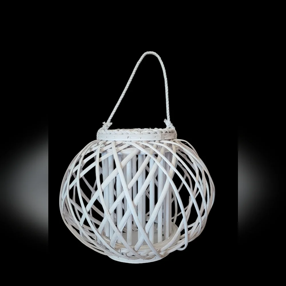 Large White Woven Lantern Wicker Beach Nautical